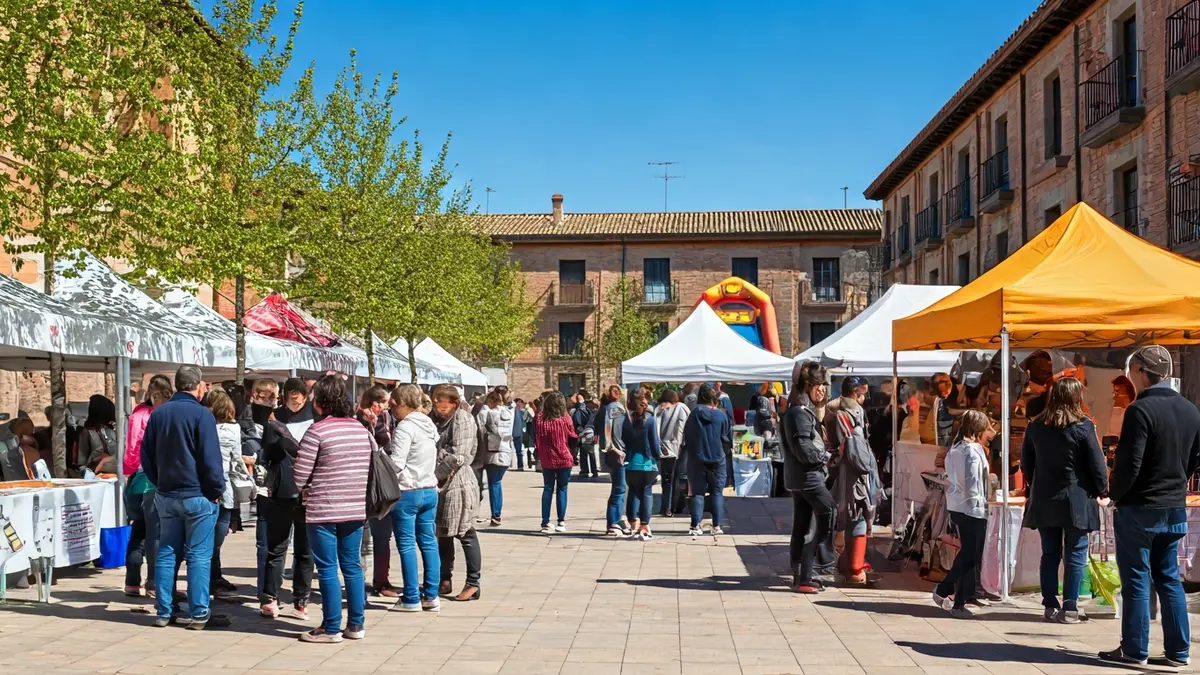 Imagen de una feria de la salud con carpas y actividades en una plaza.