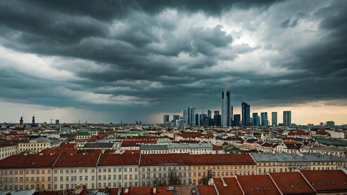 Imagen genérica de un cielo tormentoso sobre una ciudad, con lluvia y viento.