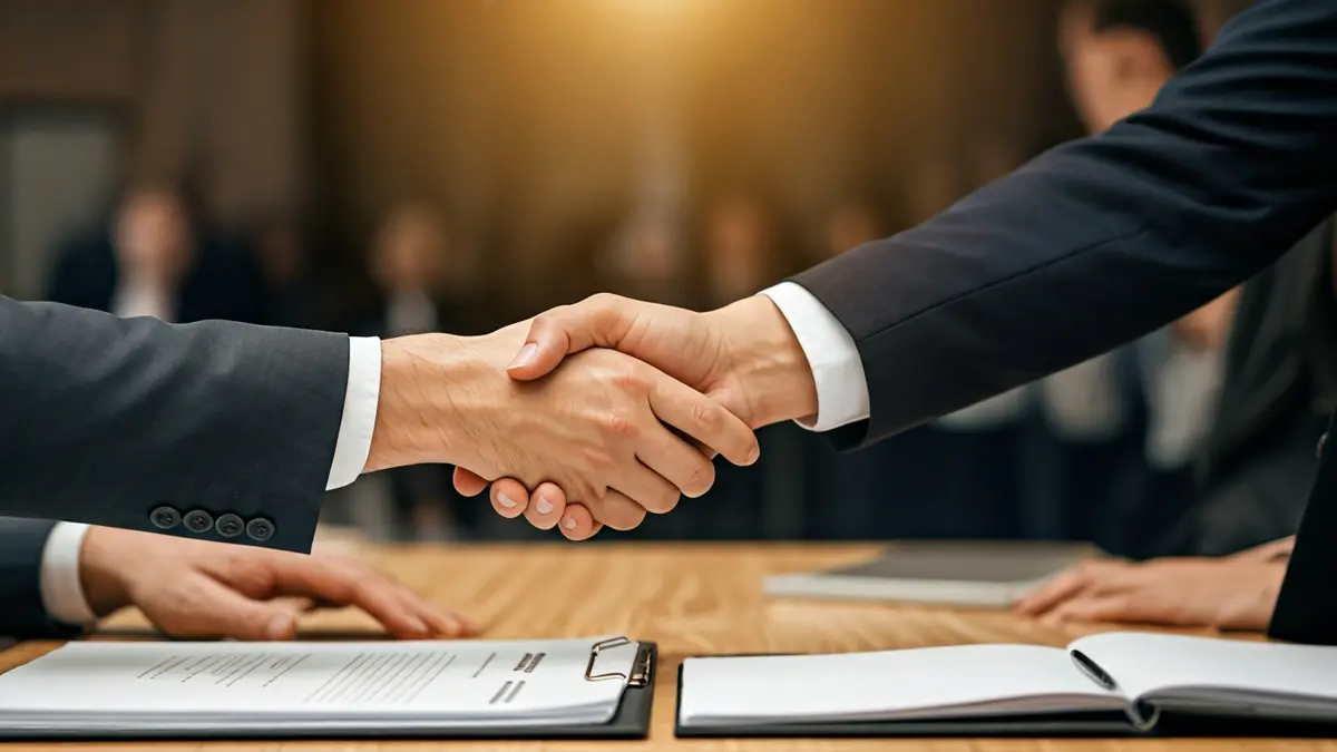 Imagen genérica de un acuerdo siendo firmado, con dos manos estrechándose sobre un escritorio con documentos borrosos.
