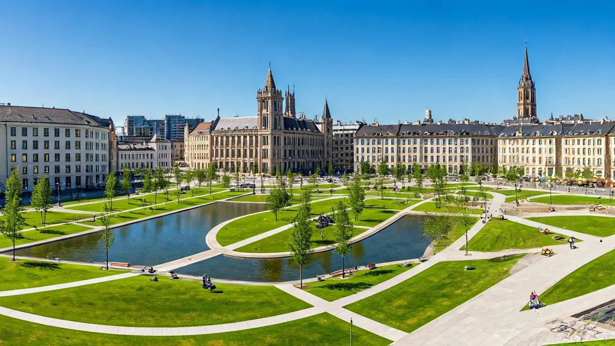Imagen aérea de la Plaza de España reformada en Madrid, mostrando sus zonas verdes y peatonales.