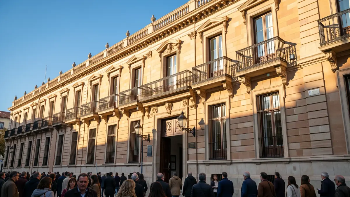 Fachada de un ayuntamiento de Madrid con balcones ornamentados y barandillas de hierro, luz cálida de la tarde proyectando sombras sobre las paredes de arenisca, cielo azul.