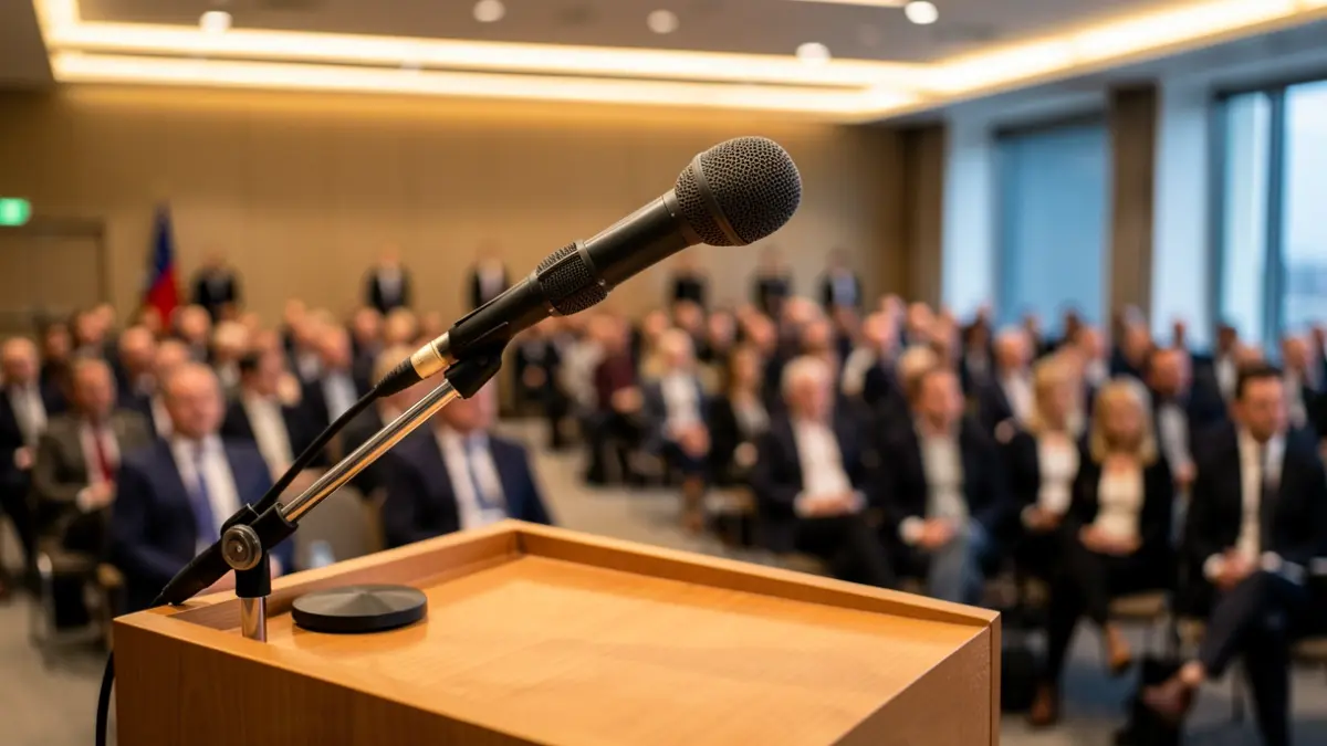 Imagen genérica de un micrófono en un atril en una sala de conferencias.