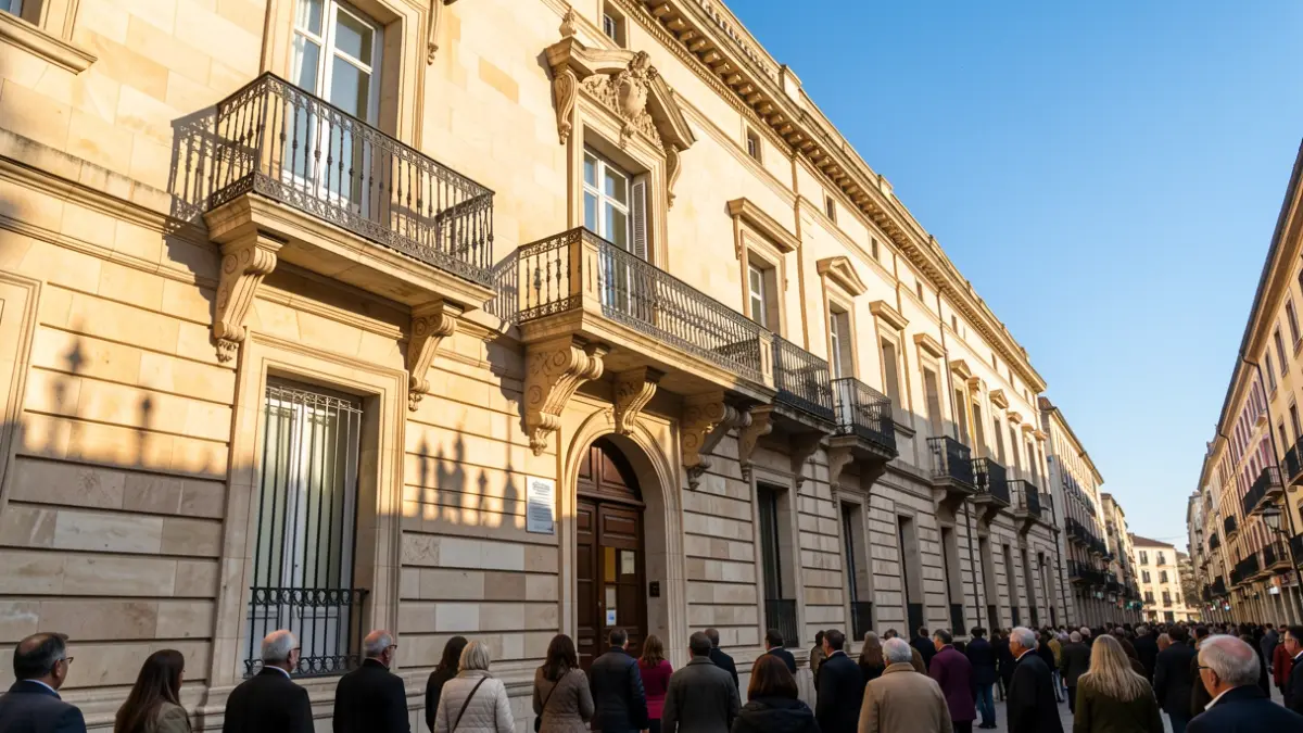 Fachada de un ayuntamiento de la Comunidad de Madrid con balcón y barandillas de hierro, luz de sol de la tarde.
