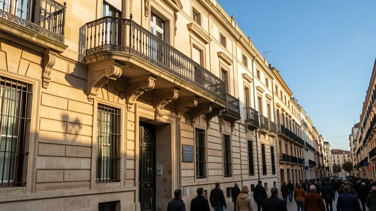 Fachada de un ayuntamiento de la Comunidad de Madrid con balcón y barandillas de hierro, luz de sol de la tarde.