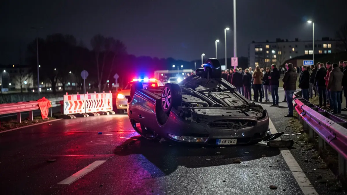 Imagen de un coche volcado en una carretera mojada por la noche, con luces de emergencia rojas y azules reflejándose en el asfalto y barreras de obras.