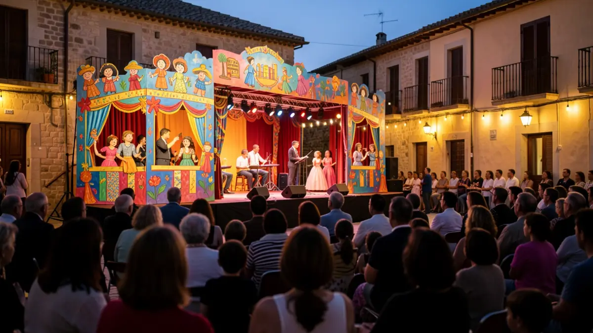 Escenario al aire libre con decoración de títeres y público difuminado en Fuenlabrada.
