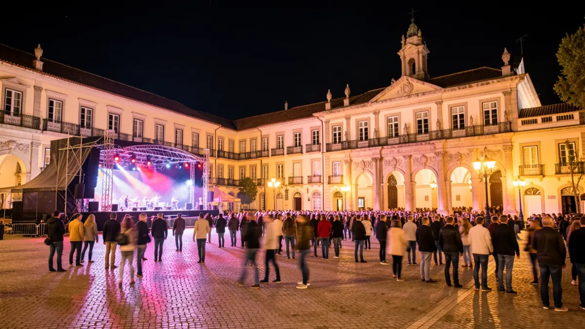 Imagen genérica de una noche de fiesta en Aranjuez con luces de conciertos y ambiente festivo.