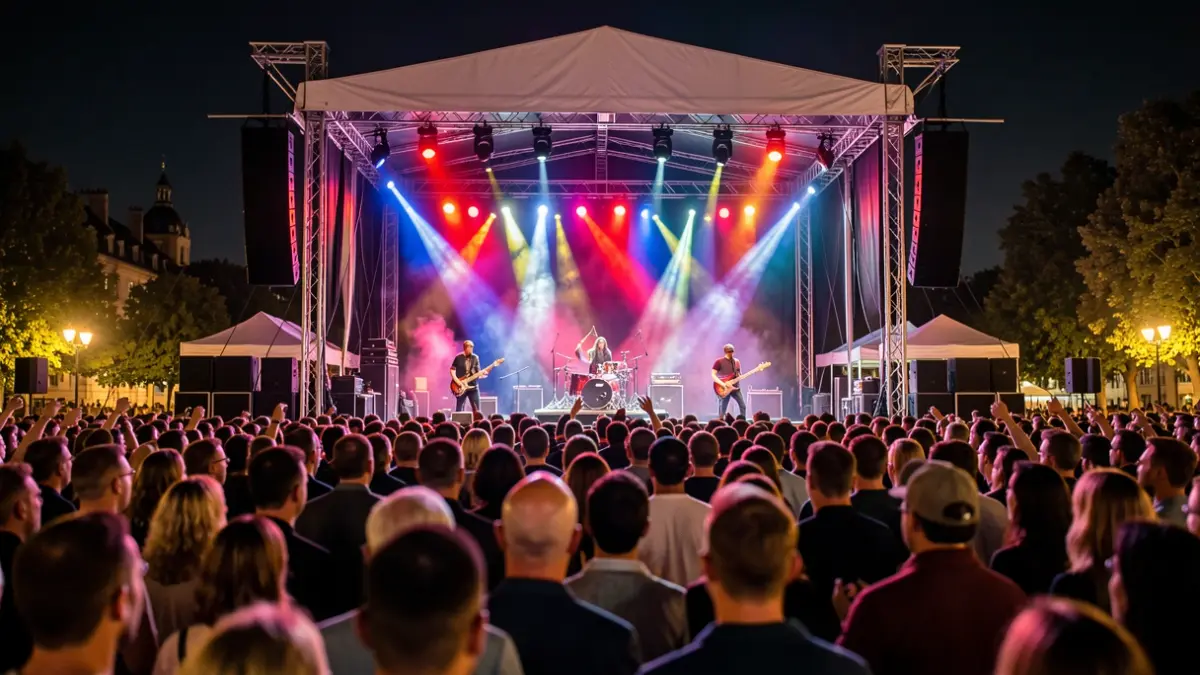 Generic image of an outdoor rock concert at night, with colorful lights and a blurred audience.