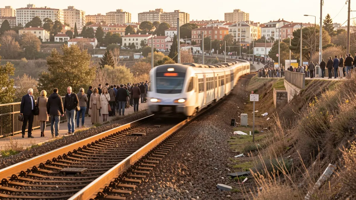 Vías de tren antiguas y modernas en las afueras de Madrid al atardecer.