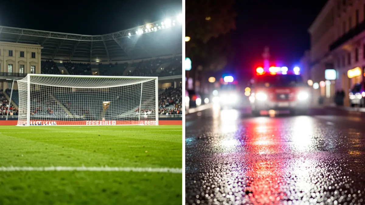 Split image showing a football field and a night scene with emergency lights.