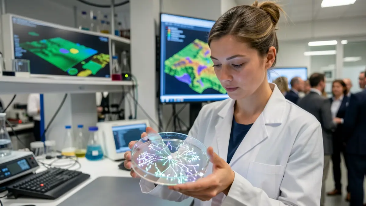 Imagen de un científico trabajando con muestras en un laboratorio, con pantallas mostrando modelos 3D.