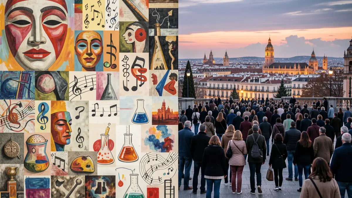 Imagen genérica de un collage abstracto que representa diversas artes escénicas y culturales en Madrid.