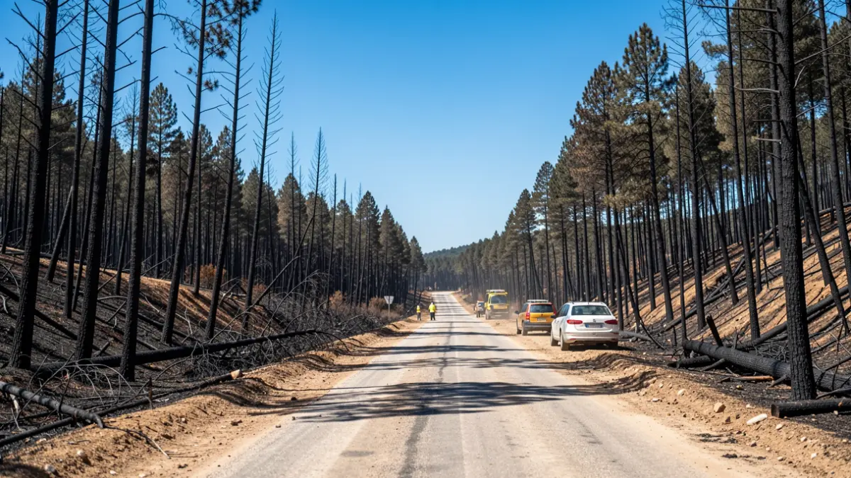 Imagen de un camino forestal dañado por un incendio en la Sierra Oeste de Madrid, con árboles carbonizados y cielo azul.