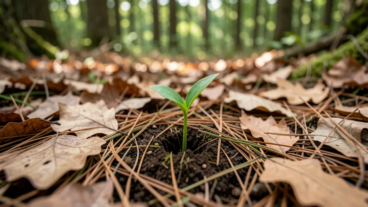 Primer plano del suelo de un bosque con hojas secas y agujas de pino, un brote verde emergiendo, simbolizando prevención y crecimiento.