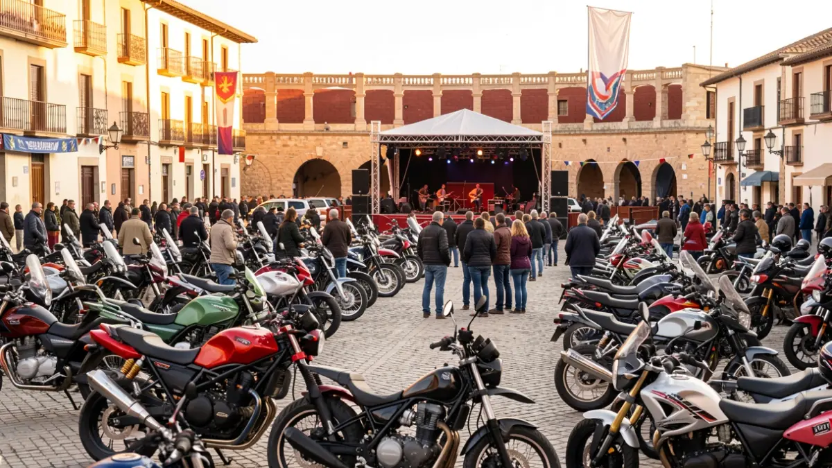 Imagen de una concentración de motos en la Plaza de Toros de Moralzarzal con música en directo y ambiente festivo.