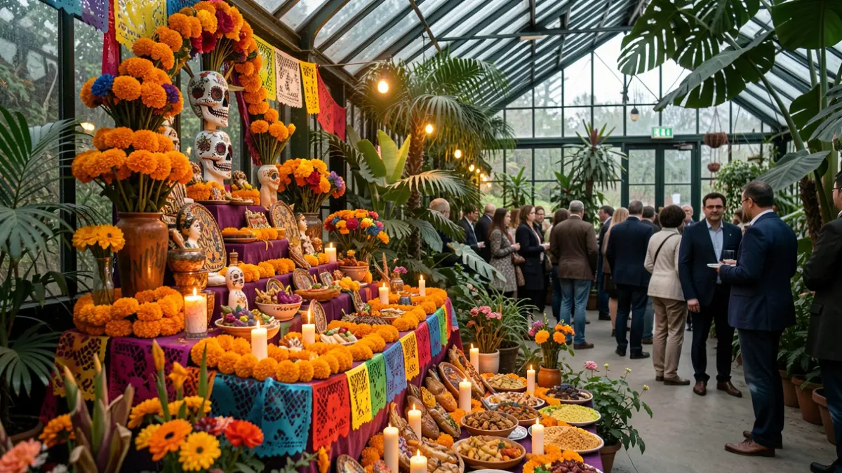 Generic image: decorated with flowers, papel picado, and offerings.
