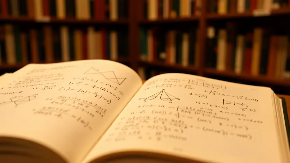 Generic image of an open math textbook with equations and geometric shapes, with blurred bookshelves in the background.